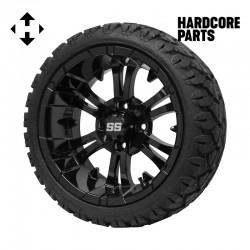 14" Black 'VAMPIRE' Golf Cart Wheels and 20"x8.5"-14" STINGER On-Road/Off-Road DOT rated All-Terrain tires - Set of 4, includes Black 'SS' center caps and M12x1.25 Black lug nuts