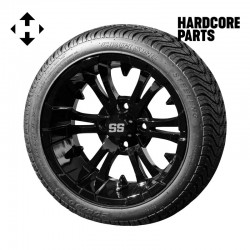 14" Black 'VAMPIRE' Golf Cart Wheels and 205/30-14 (20"x8"-14") DOT rated Low Profile tires - Set of 4, includes Black 'SS' center caps and M12x1.25 Black lug nuts