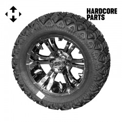 14" Chrome 'Vampire' Golf Cart Wheels and 23″x10″-14″ DOT rated All-Terrain tires - Set of 4, includes Chrome 'SS' center caps and M12x1.25 Chrome lug nuts
