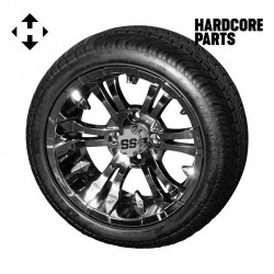14" Chrome 'Vampire' Golf Cart Wheels and 205/30-14 (20″x8″-14″) DOT rated Low Profile tires - Set of 4, includes Chrome 'SS' center caps and 1/2x20 Chrome lug nuts