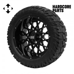 14" Black 'Venom' wheel Golf Cart Wheels and 22"x10.5"-14" GATOR On-Road/Off-Road DOT rated All-Terrain tires - Set of 4, includes Black 'SS' center caps and M12x1.25 Black lug nuts