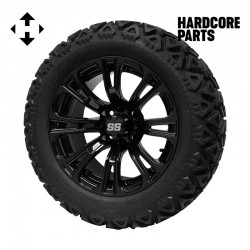 14" Black 'Voodoo' Golf Cart Wheels and 23"x10"-14" DOT rated All-Terrain tires - Set of 4, includes Black 'SS' center caps and M12x1.25 Black lug nuts