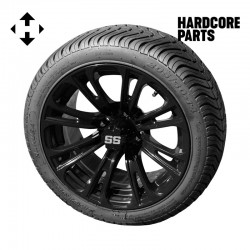 14" Black 'Voodoo' Golf Cart Wheels and 205/30-14 (20"x8"-14") DOT rated Low Profile tires - Set of 4, includes Black 'SS' center caps and 1/2x20 Black lug nuts