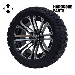 14" Machined/Black 'LANCER' Golf Cart Wheels and 22"x10.5"-14" GATOR On-Road/Off-Road DOT rated All-Terrain tires - Set of 4, includes Chrome 'SS' center caps & M12x1.25 Chrome lug nuts