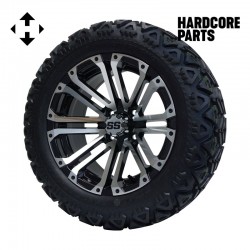 14" Machined/Black 'LANCER' Golf Cart Wheels and 23"x10"-14" DOT rated All-Terrain tires - Set of 4, includes Chrome 'SS' center caps and M12x1.25 Chrome lug nuts
