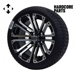 14" Machined/Black 'LANCER' Golf Cart Wheels and 205/30-14 (20"x8"-14") DOT rated Low Profile tires - Set of 4, includes Chrome 'SS' center caps and M12x1.25 Chrome lug nuts