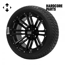 14" Black 'LANCER' Golf Cart Wheels and 205/30-14 (20"x8"-14") DOT rated Low Profile tires - Set of 4, includes Black 'SS' center caps and M12x1.25 Black lug nuts