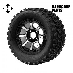 12" Machined/Black 'CYCLOPS' Golf Cart Wheels and 23″x10.5″-12″ All-Terrain tires - Set of 4, includes Chrome 'SS' center caps and 12x1.25 lug nuts