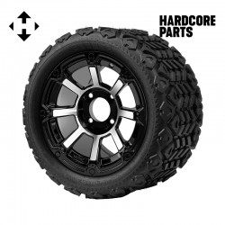 12" Machined/Black 'CYCLOPS' Golf Cart Wheels and 20"x10"-12" DOT rated All-Terrain tires - Set of 4, includes Chrome 'SS' center caps and 12x1.25 lug nuts