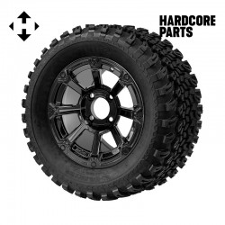 12" Black 'CYCLOPS' Golf Cart Wheels and 23″x10.5″-12″ All-Terrain tires - Set of 4, includes Black 'SS' center caps and 1/2"-20 lug nuts