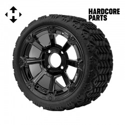12" Black 'CYCLOPS' Golf Cart Wheels and 18"x8.5"-12" All-Terrain tires - Set of 4, includes Black 'SS' center caps and 1/2"-20 lug nuts
