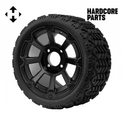 12" Matte Black 'CYCLOPS' Golf Cart Wheels and 18"x8.5"-12" All-Terrain tires - Set of 4, includes Matte Black 'SS' center caps and 12x1.25 lug nuts