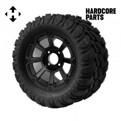 12" Matte Black 'CYCLOPS' Golf Cart Wheels and 22″x11″-12″  DOT rated Mud-Terrain/All-Terrain tires - Set of 4, includes Matte Black 'SS' center caps and 1/2"-20 lug nuts