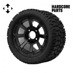 12" Matte Black 'CYCLOPS' Golf Cart Wheels and 215/40-12 GATOR On-Road/Off-Road DOT rated tires - Set of 4, includes Matte Black 'SS' center caps and 1/2"-20 lug nuts