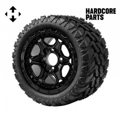 12" Black 'GRIZZLY' Golf Cart Wheels and 20"x10"-12" DOT rated Mud-Terrain/All-Terrain tires - Set of 4, includes Black 'SS' center caps and 1/2"-20 lug nuts