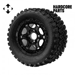12" Black 'GRIZZLY' Golf Cart Wheels and 23″x10.5″-12″ All-Terrain tires - Set of 4, includes Black 'SS' center caps and 12x1.25 lug nuts