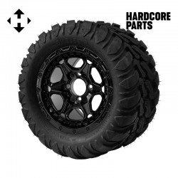 12" Black 'GRIZZLY' Golf Cart Wheels and 22″x11″-12″  DOT rated Mud-Terrain/All-Terrain tires - Set of 4, includes Black 'SS' center caps and 12x1.25 lug nuts