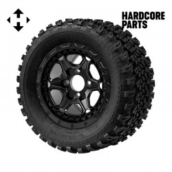 12" Matte Black 'GRIZZLY' Golf Cart Wheels and 23″x10.5″-12″ All-Terrain tires - Set of 4, includes Matte Black 'SS' center caps and 12x1.25 lug nuts