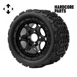 12" Matte Black 'GRIZZLY' Golf Cart Wheels and 20"x10"-12" DOT rated All-Terrain tires - Set of 4, includes Matte Black 'SS' center caps and 1/2"-20 lug nuts
