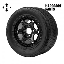 12" Matte Black 'GRIZZLY' Golf Cart Wheels and 215/50-12 (20.5″x8.5″-12″) DOT rated Comfort Ride tires - Set of 4, includes Matte Black 'SS' center caps and 1/2"-20 lug nuts