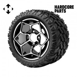 12" Machined/Black 'HAMMERHEAD' Golf Cart Wheels and 20"x10"-12" DOT rated Mud-Terrain/All-Terrain tires - Set of 4, includes Chrome 'SS' center caps and 1/2"-20 lug nuts