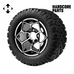 12" Machined/Black 'HAMMERHEAD' Golf Cart Wheels and 22″x10.5″-12″ STINGER On-Road/Off-Road DOT rated All-Terrain tires - Set of 4, includes Chrome 'SS' center caps and 1/2"-20 lug nuts