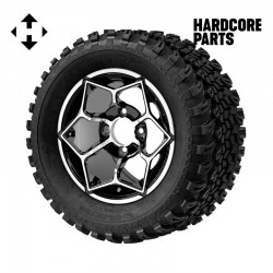 12" Machined/Black 'HAMMERHEAD' Golf Cart Wheels and 23″x10.5″-12″ All-Terrain tires - Set of 4, includes Chrome 'SS' center caps and 12x1.25 lug nuts