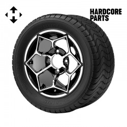 12" Machined/Black 'HAMMERHEAD' Golf Cart Wheels and 215/50-12 (20.5″x8.5″-12″) DOT rated Comfort Ride tires - Set of 4, includes Chrome 'SS' center caps and 1/2"-20 lug nuts