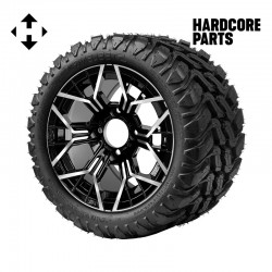 12" Machined/Black 'MANTIS' Golf Cart Wheels and 20"x10"-12" DOT rated Mud-Terrain/All-Terrain tires - Set of 4, includes Chrome 'SS' center caps and 12x1.25 lug nuts