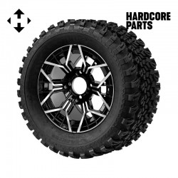 12" Machined/Black 'MANTIS' Golf Cart Wheels and 23″x10.5″-12″ All-Terrain tires - Set of 4, includes Chrome 'SS' center caps and 12x1.25 lug nuts