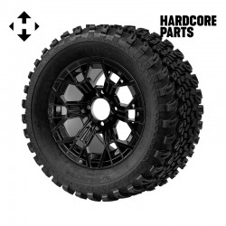 12" Black 'MANTIS' Golf Cart Wheels and 23″x10.5″-12″ All-Terrain tires - Set of 4, includes Black 'SS' center caps and 1/2"-20 lug nuts