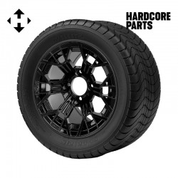 12" Black 'MANTIS' Golf Cart Wheels and 215/50-12 (20.5″x8.5″-12″) DOT rated Comfort Ride tires - Set of 4, includes Black 'SS' center caps and 12x1.25 lug nuts