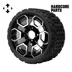 12" Machined/Black 'TALON' Golf Cart Wheels and 18"x8.5"-12" All-Terrain tires - Set of 4, includes Chrome 'SS' center caps and 1/2"-20 lug nuts