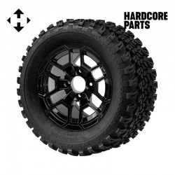 12" Black 'TALON' Golf Cart Wheels and 23″x10.5″-12″ All-Terrain tires - Set of 4, includes Black 'SS' center caps and 12x1.25 lug nuts