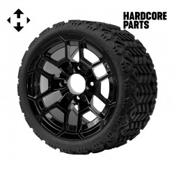 12" Black 'TALON' Golf Cart Wheels and 18"x8.5"-12" All-Terrain tires - Set of 4, includes Black 'SS' center caps and 1/2"-20 lug nuts