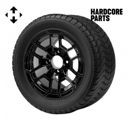 12" Black 'TALON' Golf Cart Wheels and 215/50-12 (20.5″x8.5″-12″) DOT rated Comfort Ride tires - Set of 4, includes Black 'SS' center caps and 1/2"-20 lug nuts