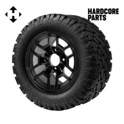 12" Matte Black 'TALON' Golf Cart Wheels and 22″x10.5″-12″ STINGER On-Road/Off-Road DOT rated All-Terrain tires - Set of 4, includes Matte Black 'SS' center caps and 12x1.25 lug nuts