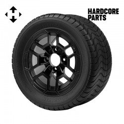 12" Matte Black 'TALON' Golf Cart Wheels and 215/50-12 (20.5″x8.5″-12″) DOT rated Comfort Ride tires - Set of 4, includes Matte Black 'SS' center caps and 1/2"-20 lug nuts