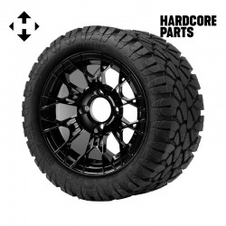 12" Black 'TARANTULA' Golf Cart Wheels and 20″x10″-12″ STINGER On-Road/Off-Road DOT rated All-Terrain tires - Set of 4, includes Black 'SS' center caps and 1/2"-20 lug nuts