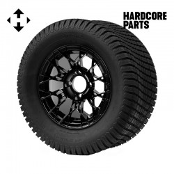12" Black 'TARANTULA' Golf Cart Wheels and 23"x10.5"-12" Turf tires - Set of 4, includes Black 'SS' center caps and 1/2"-20 lug nuts