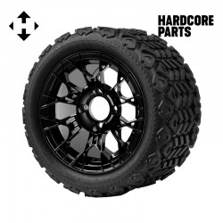 12" Black 'TARANTULA' Golf Cart Wheels and 20"x10"-12" DOT rated All-Terrain tires - Set of 4, includes Black 'SS' center caps and 1/2"-20 lug nuts