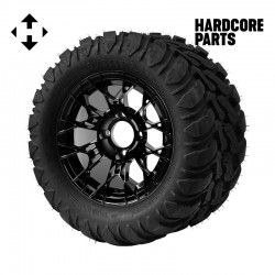 12" Black 'TARANTULA' Golf Cart Wheels and 22″x11″-12″  DOT rated Mud-Terrain/All-Terrain tires - Set of 4, includes Black 'SS' center caps and 1/2"-20 lug nuts