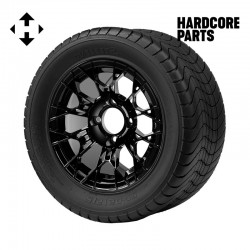 12" Black 'TARANTULA' Golf Cart Wheels and 215/50-12 (20.5″x8.5″-12″) DOT rated Comfort Ride tires - Set of 4, includes Black 'SS' center caps and 1/2"-20 lug nuts