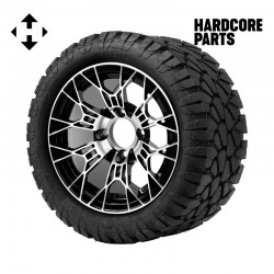 12" Machined/Black 'TARANTULA' Golf Cart Wheels and 20″x10″-12″ STINGER On-Road/Off-Road DOT rated All-Terrain tires - Set of 4, includes Chrome 'SS' center caps and 12x1.25 lug nuts