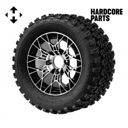12" Machined/Black 'TARANTULA' Golf Cart Wheels and 23″x10.5″-12″ All-Terrain tires - Set of 4, includes Chrome 'SS' center caps and 1/2"-20 lug nuts