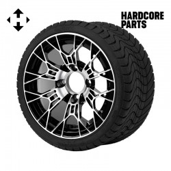 12" Machined/Black 'TARANTULA' Golf Cart Wheels and 215/35-12 DOT rated Low Profile tires - Set of 4, includes Chrome 'SS' center caps and 12x1.25 lug nuts
