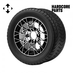 12" Machined/Black 'TARANTULA' Golf Cart Wheels and 215/50-12 (20.5″x8.5″-12″) DOT rated Comfort Ride tires - Set of 4, includes Chrome 'SS' center caps and 1/2"-20 lug nuts