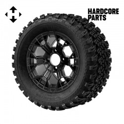 12" Matte Black 'MANTIS' Golf Cart Wheels and 23″x10.5″-12″ All-Terrain tires - Set of 4, includes Matte Black 'SS' center caps and 1/2"-20 lug nuts