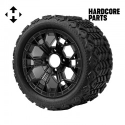 12" Matte Black 'MANTIS' Golf Cart Wheels and 20"x10"-12" DOT rated All-Terrain tires - Set of 4, includes Matte Black 'SS' center caps and 12x1.25 lug nuts