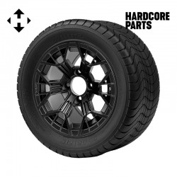12" Matte Black 'MANTIS' Golf Cart Wheels and 215/50-12 (20.5″x8.5″-12″) DOT rated Comfort Ride tires - Set of 4, includes Matte Black 'SS' center caps and 1/2"-20 lug nuts